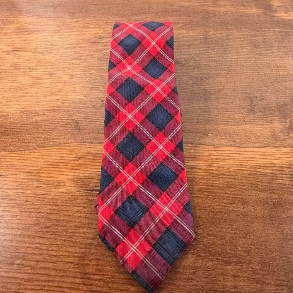 Tommy Hilfiger Red Navy Blue Plaid Tartan Silk Necktie